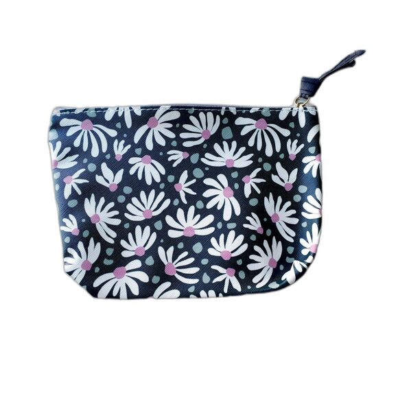 Brand New Two Navy Floral Green Abstract Prints Cosmetic Bag Purse NWOT 6"L - Picture 6 of 12